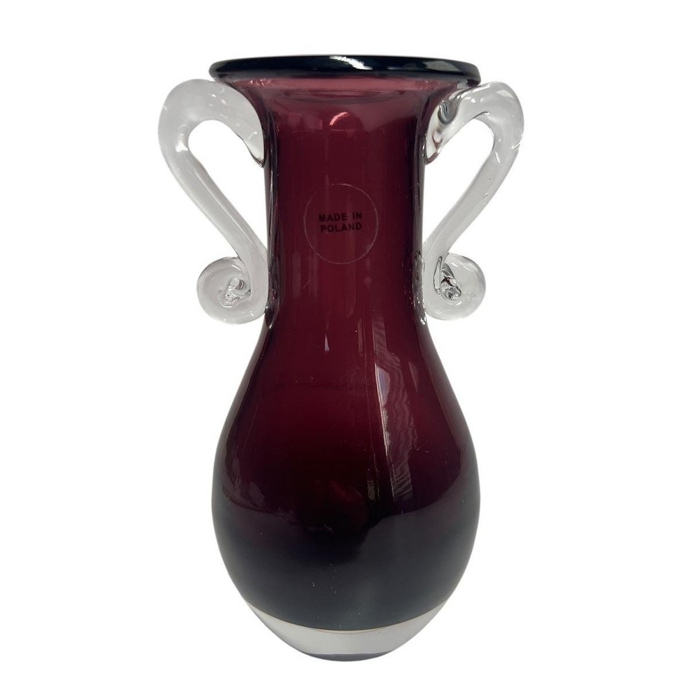 Vintage Amethyst Purple Glass Vase Made in Poland Clear Scroll Handles 6 In. MCM